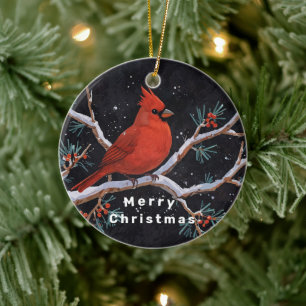 Red Cardinal with Winter Red Berries Ceramic Ornament