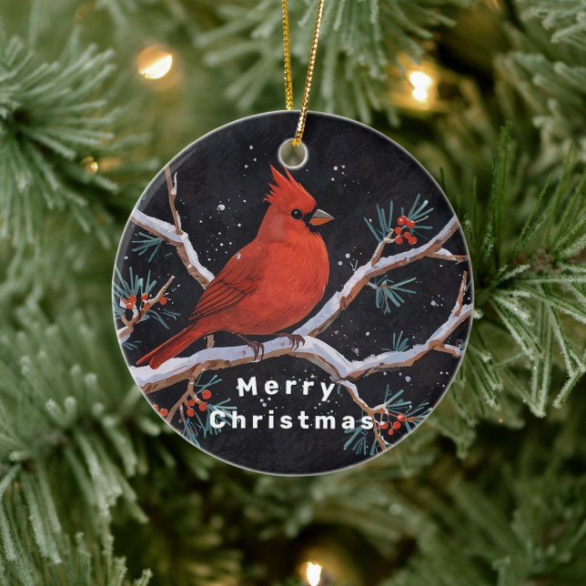 Red Cardinal with Winter Red Berries Ceramic Ornament (Tree)