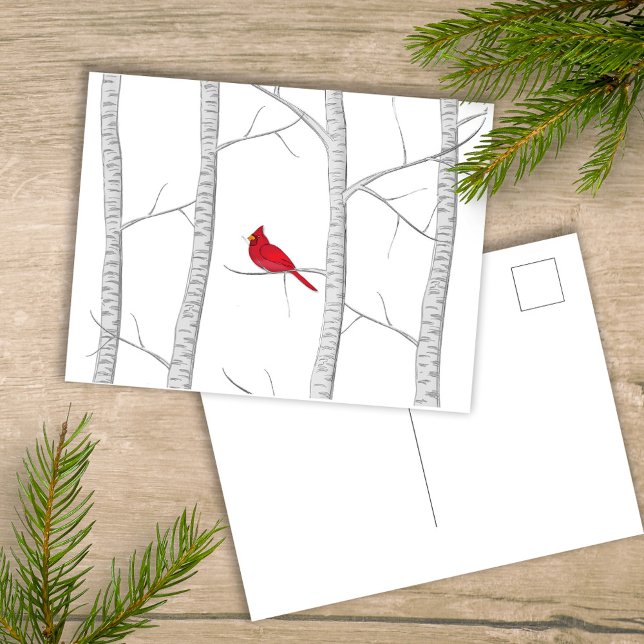 Red Cardinal Woodland Winter Tree Rustic Country Holiday Postcard (Simple winter botanical red cardinal postcard with a minimalist design.)