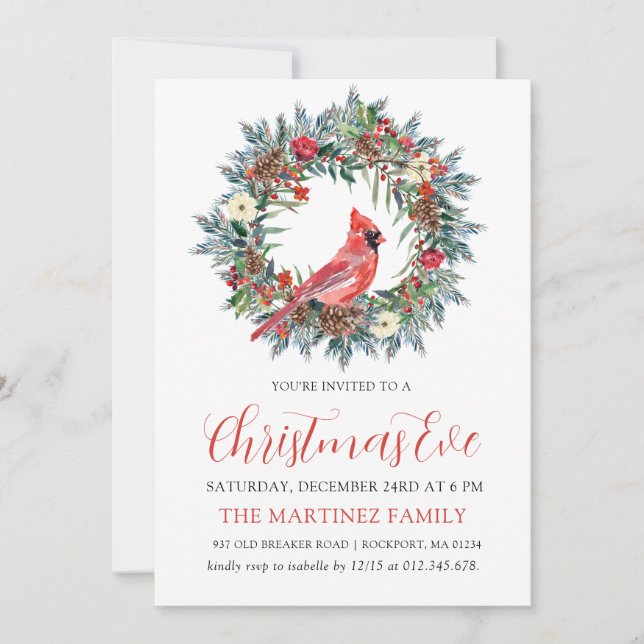 Red Cardinal Wreath Christmas Eve Party Invitation (Front)