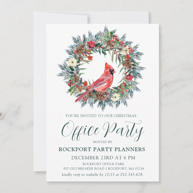 Red Cardinal Wreath Christmas Office Party Invitation (Front)