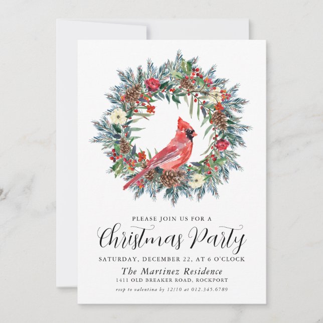 Red Cardinal Wreath Christmas Party Invitation (Front)