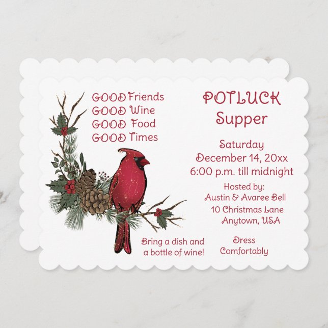 Red Cardinal Wreath Christmas Pot Luck Supper  Invitation (Front/Back)