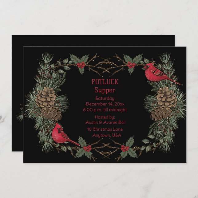 Red Cardinal Wreath Christmas Pot Luck Supper  Invitation (Front/Back)