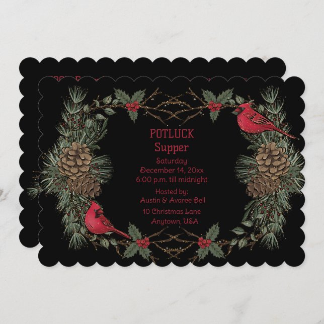 Red Cardinal Wreath Christmas Pot Luck Supper  Invitation (Front/Back)