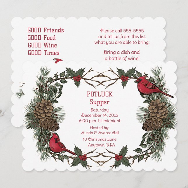 Red Cardinal Wreath Christmas Pot Luck Supper Invitation (Front/Back)