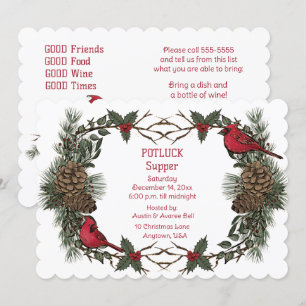 Red Cardinal Wreath Christmas Pot Luck Supper Invitation