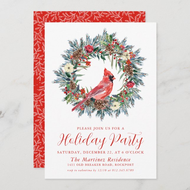 Red Cardinal Wreath Holiday Party Invitation (Front/Back)