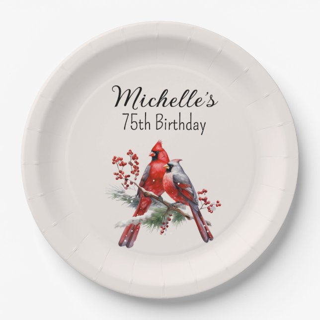 Red Cardinals 75th Birthday  Paper Plate (Front)