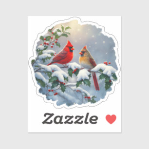 Red Cardinals and Holly in Snow