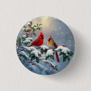 Red Cardinals and Holly in Snow 3 Cm Round Badge