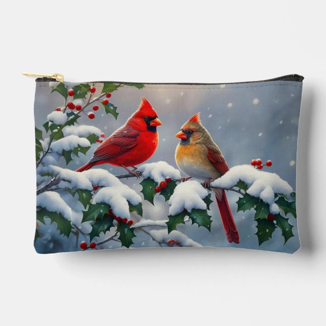 Red Cardinals and Holly in Snow Accessory Pouch (Front)