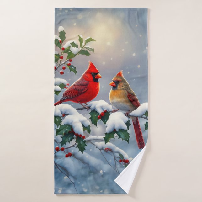 Red Cardinals and Holly in Snow Bath Towel (Bath Towel)