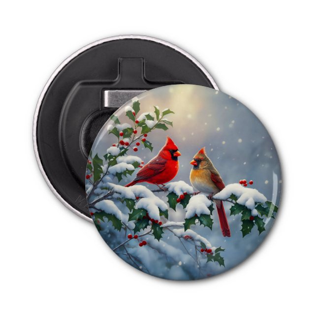 Red Cardinals and Holly in Snow Bottle Opener (Front)