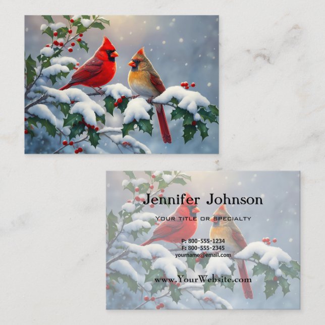 Red Cardinals and Holly in Snow Business Card (Front/Back)