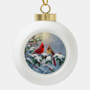 Red Cardinals and Holly in Snow Ceramic Ball Christmas Ornament