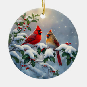 Red Cardinals and Holly in Snow Ceramic Ornament