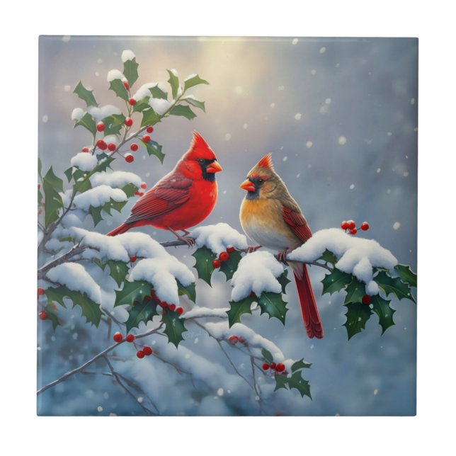 Red Cardinals and Holly in Snow Ceramic Tile (Front)