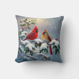 Red Cardinals and Holly in Snow Cushion