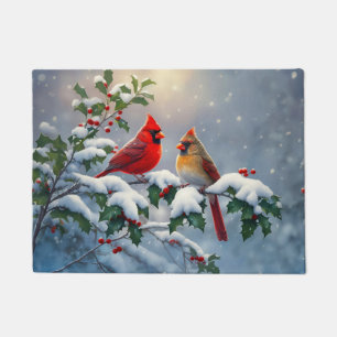 Red Cardinals and Holly in Snow Doormat