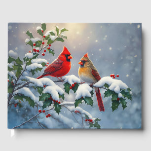 Red Cardinals and Holly in Snow Guest Book