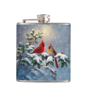 Red Cardinals and Holly in Snow Hip Flask