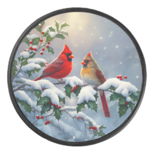 Red Cardinals and Holly in Snow Hockey Puck
