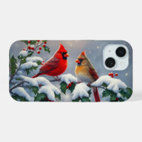 Red Cardinals and Holly in Snow