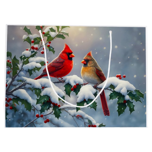 Red Cardinals and Holly in Snow Large Gift Bag (Back)