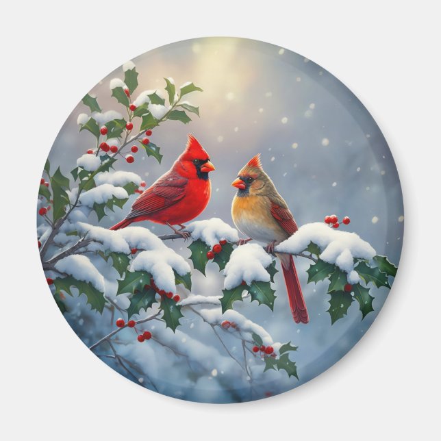 Red Cardinals and Holly in Snow Magnet (Front)