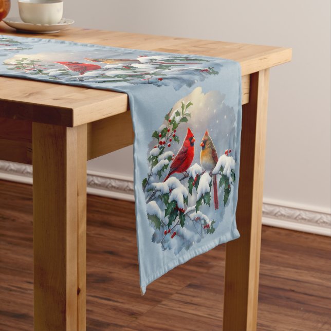 Red Cardinals and Holly in Snow Medium Table Runner (In Situ)