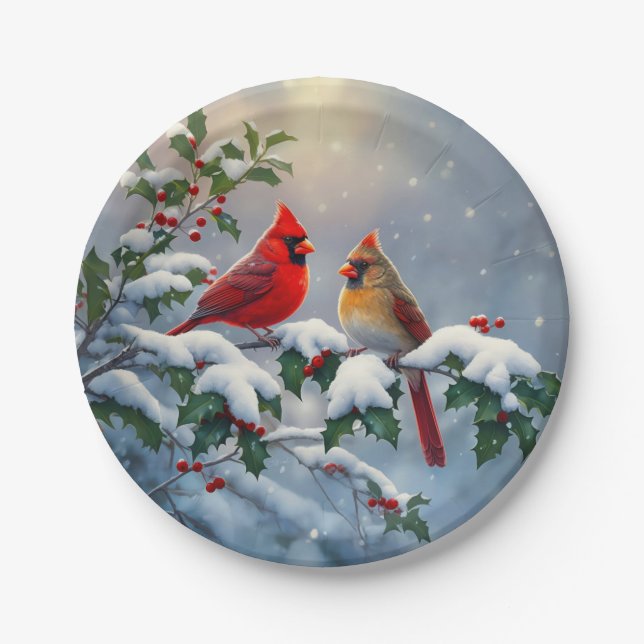 Red Cardinals and Holly in Snow Paper Plate (Front)