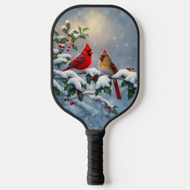 Red Cardinals and Holly in Snow Pickleball Paddle (Front)