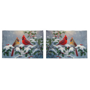 Red Cardinals and Holly in Snow Pillowcase