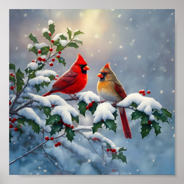 Red Cardinals and Holly in Snow Poster (Front)