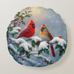 Red Cardinals and Holly in Snow Round Cushion