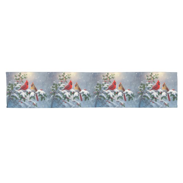 Red Cardinals and Holly in Snow Short Table Runner (Horizontal)