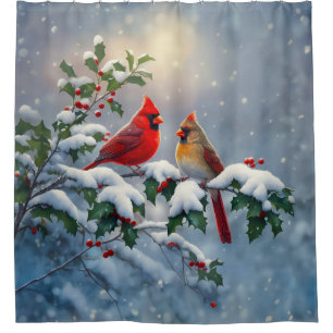 Red Cardinals and Holly in Snow Shower Curtain