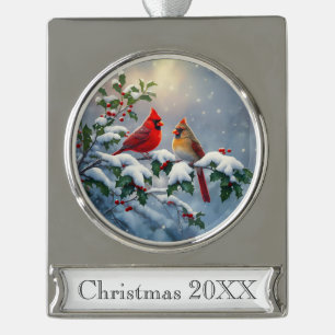 Red Cardinals and Holly in Snow Silver Plated Banner Ornament