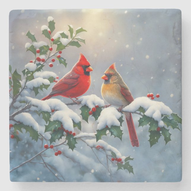 Red Cardinals and Holly in Snow Stone Coaster (Front)