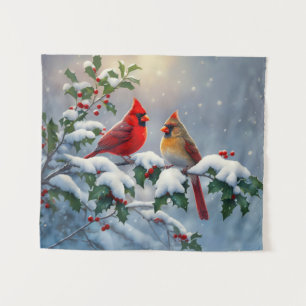 Red Cardinals and Holly in Snow Tapestry