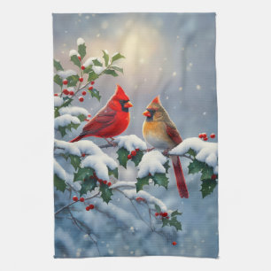 Red Cardinals and Holly in Snow Tea Towel