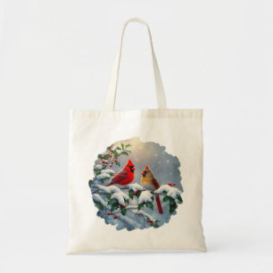 Red Cardinals and Holly in Snow Tote Bag