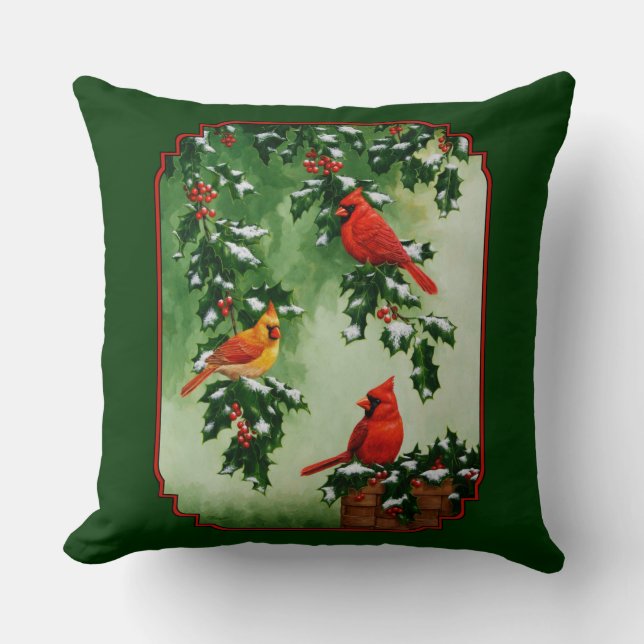 Red Cardinals and Holly Reversible Cushion (Front)
