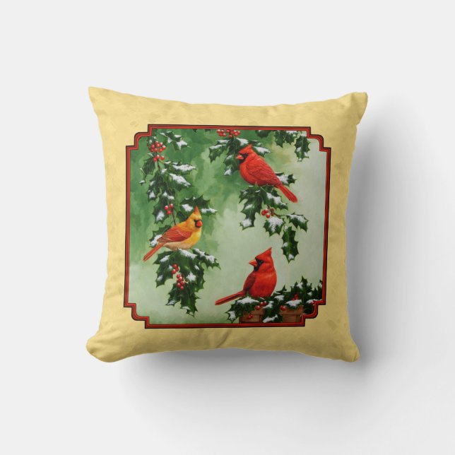 Red Cardinals and Holly Yellow Cushion (Front)