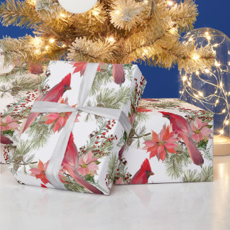 Red Cardinals, Berries and Poinsettia Flowers Wrapping Paper