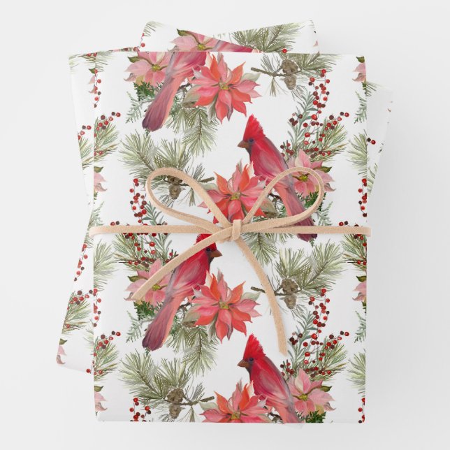 Red Cardinals, Berries and Poinsettia Flowers  Wrapping Paper Sheet (In situ)