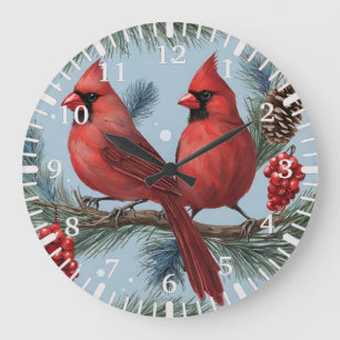 Red Cardinals, Berries, Pine Branches, Pinecones  Large Clock