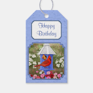 Red Cardinals Bird House Flower Garden Blue Gift Tags