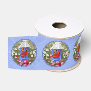 Red Cardinals Bird House Flower Garden Blue Grosgrain Ribbon